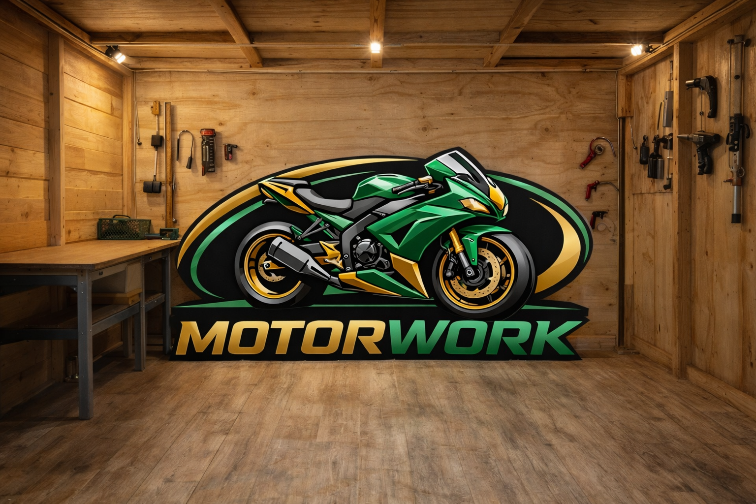 werkplaats met motorwork logo